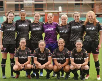  ??  ?? Emma Hansberry (front left) with her Wexford Youths teammates prior to their UEFA Women’s Champions League Qualifier match with Ajax in Seaview, Belfast.