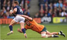  ?? Photograph: Stu Forster/Getty Images ?? James Slipper, here tackling Scotland’s Stuart Hogg, will have to move from loosehead to tighthead against England.