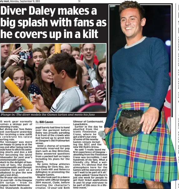  ??  ?? Plunge in: The diver models the Games tartan and meets his fans