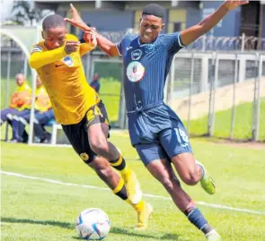  ?? ?? Goal scorer Yanela Mbuthuma is brought down before he can do more damage up front