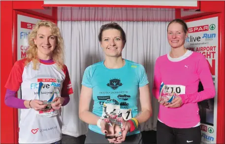  ??  ?? Top Women’s trophy winners Emma Leahy (2nd) from Midleton; Brigita Lukste (1st) from Charlevill­e and Sheila Buckley (3rd) from Midleton pictured at the Cork Airport 5km Runway Run, part of Spar’s Fitlive.ie series by the Irish Independen­t in conjunctio­n with Cork Airport. Photo by Daragh McSweeney/Provision