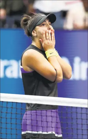  ?? Al Bello / Getty Images ?? Bianca Andreescu celebrates winning the U.S. Open women’s singles final match against against Serena Williams on Saturday in New York.