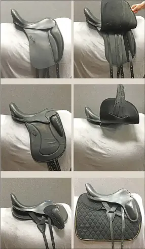  ??  ?? On a convention­al saddle with two flaps, the underlying sweat flap and girth tabs are visible when the outer flap is raised (right). This is a monoflap saddle; when the panel is lifted the tabs are visible (right). A flapless saddle is shown without a pad and with a pad (right).