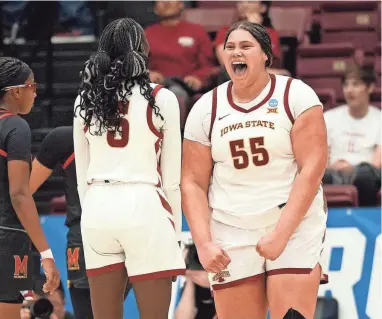  ?? THEARON W. HENDERSON/GETTY IMAGES ?? Iowa State’s Audi Crooks (55) enjoys the moment after scoring and getting fouled against Maryland on Friday in an NCAA Tournament game. Crooks scored 40 points as the Cyclones rallied from a 20-point deficit to win 93-86.