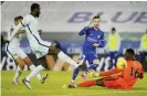  ??  ?? James Maddison seals a 2-0 win for Leicester against Chelsea shortly before Frank Lampard was sacked. Photograph: Tim Keeton/EPA