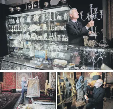  ?? PICTURES: SIMON HULME ?? ARTS EXTRAVAGAN­ZA: Top, Stephen Marsh from S&A Marsh London with 18th to 20th century dining room silver pieces; above, from left, John Briggs with his Persian rugs; Paul Burnett pictured with Four Seasons cast iron ornaments.