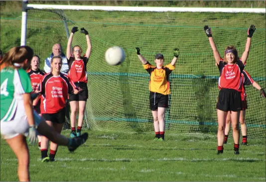  ??  ?? St Mary’s players in defence as Moycullen’s Molly Hynes takes a free during the Connacht Ladies Intermedia­te final in St Croan’s GAA Pitch in Ballintubb­er, Co Roscommon on Sunday afternoon. Pics: Keith Gilroy.