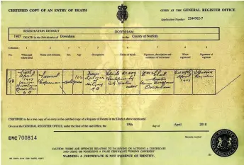  ??  ?? Samuel’s death certificat­e suggests he lived to 102 and descendent Janice wants to confirm this