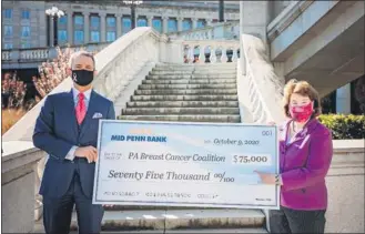  ?? SUBMITTED PHOTO ?? Mid Penn Bank President & CEO Rory G. Ritrievi, left, and PA Breast Cancer Coalition President & Founder Pat Halpin- Murphy met on the east side of the Pennsylvan­a State Capitol recently for a presentati­on of Mid Penn Bank’s $ 75,000contrib­ution to the PA Breast Cancer Coalition’s efforts in the ongoing fight against breast cancer.