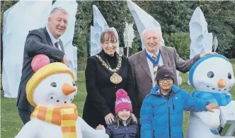  ??  ?? From back, Cabinet member for communitie­s and culture, Coun John Kelly, Mayor of Sunderland, Councillor Lynda Scanlan, and Mayoral Consort, Micky Horswill, with visitors Nevaeh Kearney, four, and Hayden Kearney, seven.