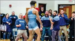  ?? NATE HECKENBERG­ER — MEDIANEWS GROUP ?? Sun Valley’s Alexander Gamble-Williams, celebratin­g a win at the District 1dual meet tournament, won the 152-pound title at the District 1Class 3A West sectional on Saturday.