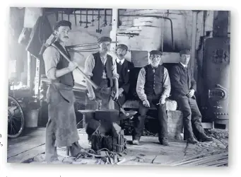  ??  ?? Left to right: Bob McDonald, John McDonald, James Hunter (Margaret’s grandfathe­r), Alex McDonald and John McMurray in the blacksmith’s workshop in Digby Street