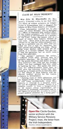  ?? PHOTO: STEVE HUMPHREYS ?? Open file: Cécile Gordon, senior archivist with the Military Service Pensions Project; inset, the letter from the Irish Independen­t.