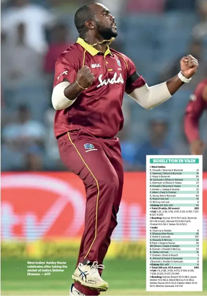  ?? AFP ?? West indies’ ashley nurse celebrates after taking the wicket of india’s shikhar dhawan. —