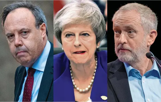  ??  ?? A House divided: DUP’s Nigel Dodds, prime minister Theresa May and British Labour leader Jeremy Corbyn all face crunch vote on Tuesday