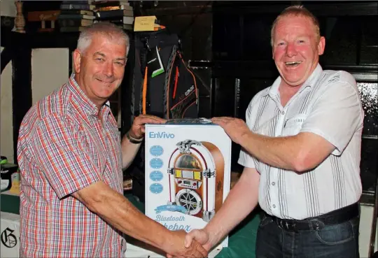  ??  ?? At a recent presentati­on in the Three Bullet Gate pub to the winner of the Gate Golf Society captain’s prize were, left to right, Ger O’Riordan, Society captain, and John Holden, winner.