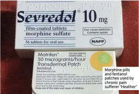  ??  ?? Morphine pills and fentanyl patches used by chronic pain sufferer ‘Heather’