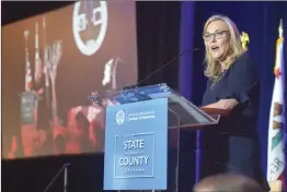  ?? Dan Watson/The Signal ?? Los Angeles County 5th District Supervisor Kathryn Barger speaks during State of the County address of the Hyatt Regency Valencia on Wednesday. her