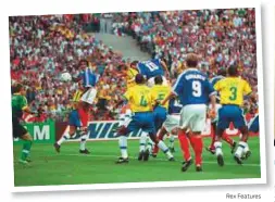  ?? Rex Features ?? Zinedine Zidane (10) scores the first goal for France during the 1998 World Cup final against Brazil in Paris.