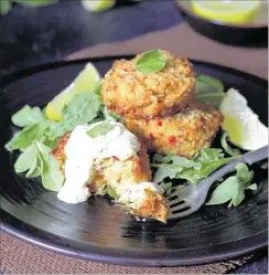  ??  ?? The assertive flavors in Thai cuisine pair well with the richness of salmon to create this lovely dish, which can double as an entrée or appetizer. The spicy basil and lime aioli is the perfect accompanim­ent.
PHOTO COURTESY OF CAROL BORCHARDT