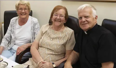  ??  ?? Claire Crosbie, Boddern, Sarah McDonald, Tobinstown, and Fr Don Kenny, Ramsgrange, at the St Louis Day Care Centre coffee morning.