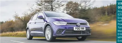  ?? ?? VW Polo 1.0 TSI 95PS DSG
Price as tested: £21,800
Engine: 1.0-litre turbocharg­ed petrol Power: 94bhp
Torque: 175Nm
Max speed: 116mph 0-60mph: 11.1 seconds MPG: 51.2mpg Emissions: 125g/km