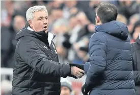 ??  ?? Newcastle United manager Steve Bruce, left, shakes hands with Chelsea boss Frank Lampard after a match.