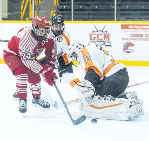  ?? JULIE JOCSAK/ STANDARD STAFF ?? St. Catharines’ Lucas Smilsky, No. 27, shown in action against Fort Erie in this December 2017 file photo, scored a hat trick as the Falcons came from behind to defeat Pelham on the road Sunday.