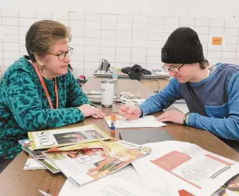  ?? Jack Sheedy/For Hearst Connecticu­t Media ?? Valerie Richard, work site supervisor, left, works with Tyler Rae, 20, of Colebrook, a student at Highlander Transition Academy, on a mural that will be displayed during an open house Thursday from 5-7 p.m., at the academy’s site at 55 Oak St., Winsted.