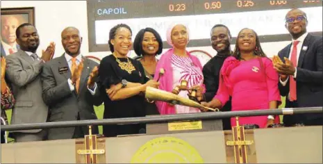  ??  ?? L – R: Group Executive Director, BUA Group, Kabiru Rabiu; Chief Executive Officer, Nigerian Stock Exchange (NSE), Oscar Onyema; Chief Finance Officer, Ladol, Jocelyn Nwaokenney­a; Morayo Afolabi-Brown; Managing Director, Nigerian Ports Authority; Hadiza Bala-Usman, CEO MIPAD, Kamil Olufowobi, Head, CNN Africa, Stephanie Busari and MD/Head ofWest Africa JP Morgan, Dapo Olagunju, during a closing gong ceremony to commemorat­e Nigerian honorees in the Most Influentia­l People of African(MIPAD) 2018, at the NSE in Lagos…recently