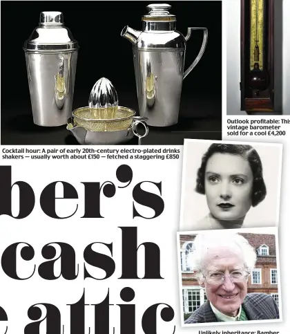  ??  ?? Cocktail hour: A pair of early 20th-century electro-plated drinks shakers — usually worth about £150 — fetched a staggering £850 Unlikely inheritanc­e: Bamber Gascoigne and his great-aunt, the Duchess of Roxburghe