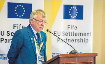  ??  ?? BREXIT PLANNING: Fife Council co-leader David Alexander speaking at a European Union Settlement Partnershi­p event in Kirkcaldy in September 2019.