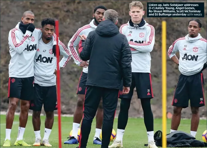  ?? GETTY IMAGES ?? Listen up, lads: Solskjaer addresses (l-r) Ashley Young, Angel Gomes, Ro-Shaun Williams, Scott McTominay and DJ Buffonge yesterday