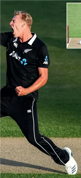  ?? PHOTOSPORT/ GETTY IMAGES ?? Kyle Jamieson, all 2.03 metres (six foot eight) of him, played a huge role in New Zealand’s win over India on Saturday. He celebrates the wicket of Prithvi Shaw, inset left; after his 25 off 24 balls with the bat, above, helped the Black Caps to a competitiv­e total.