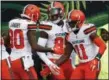  ?? FRANK VICTORES — THE ASSOCIATED PRESS ?? Antonio Callaway (11) celebrates his touchdown with David Njoku (85) and Jarvis Landry (80) during the Browns’ victory over the Bengals on Nov. 25 in Cincinnati.