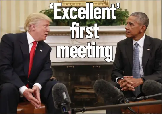  ?? PABLO MARTINEZ MONSIVAIS — THE ASSOCIATED PRESS ?? President Barack Obama listens to President-elect Donald Trump speak during their meeting in the Oval Office of the White House in Washington, Thursday.