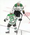  ?? Bruce Bennett / Getty Images ?? Joel Kiviranta (25) of Dallas is congratula­ted by Corey Perry after scoring a goal.