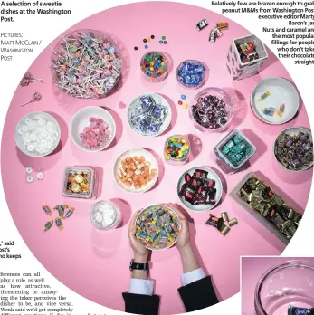  ??  ?? A selection of sweetie dishes at the Washington Post. ‘I like to encourage fresh breath,’ said Katie Emery, The Washington Post’s director of global marketing, who keeps mints in her dish. Relatively few are brazen enough to grab peanut M&Ms from...