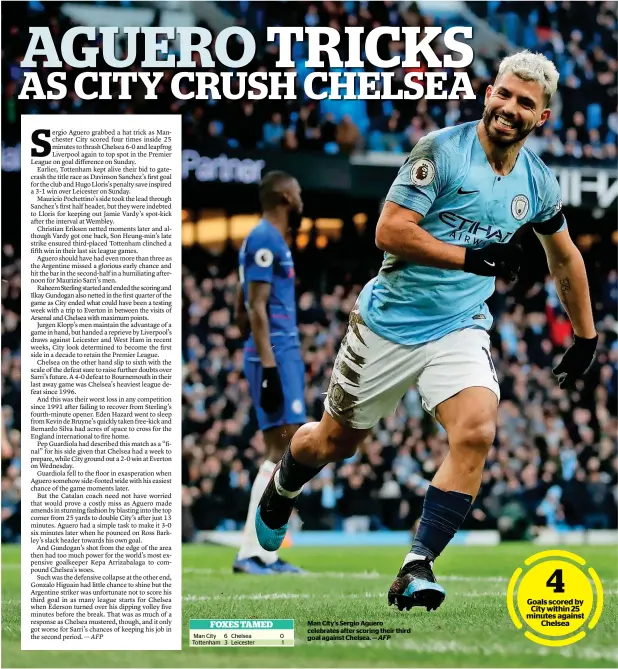  ?? AFP ?? Man City’s Sergio Aguero celebrates after scoring their third goal against Chelsea. —