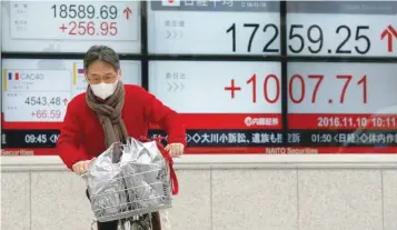  ?? — Reuters ?? A man cycles in front of an electronic board showing Japan’s Nikkei average and the Dow Jones average outside a brokerage in Tokyo.