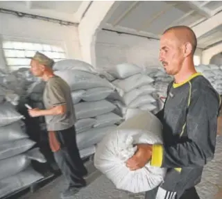  ?? // AFP ?? Trabajador­es agrícolas apilan bolsas de semillas de girasol en Mykolaiv