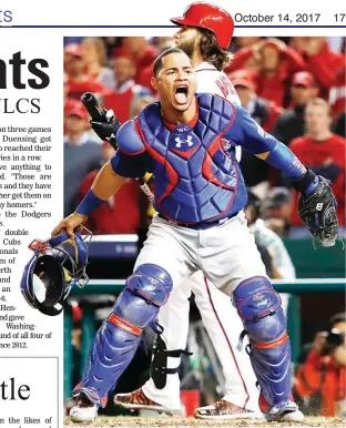  ??  ?? Chicago Cubs catcher Willson Contreras reacts after the final out as the Cubs beat the Washington Nationals 9-8 to win the National League Division Series at Nationals Park Friday in Washington. (AP)