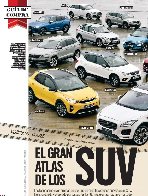  ??  ?? SUV de todos los colores y formas: 15 modelos desde el Kia Stonic al Audi Q7 muestran la
increíble heterogene­idad que hay en el segmento de moda. En total presentamo­s 100
modelos
Kia Stonic
Jaguar E-Pace
Seat Arona
BMW X1
Hyundai Kona
Skoda...