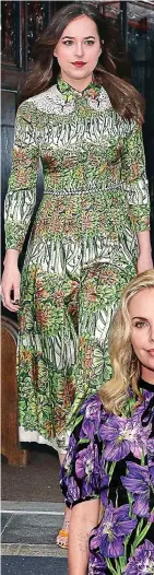  ??  ?? Fifty Shades actress Dakota Johnson is rarely seen in anything but Gucci, and with this £2,840 leaf print dress, she’s certainly steering clear of anything remotely grey!