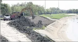  ?? DAVID J. PHILLIP — THE ASSOCIATED PRESS ?? Constructi­on workers excavate and widen Brays Bayou as part of a nearly $500 million flood-control project Thursday in Houston.