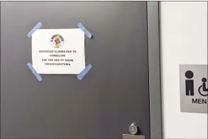  ?? Cuyler Dunn / Associated Press ?? This Sept. 17 photo courtesy of Cuyler Dunn shows a sign on a closed restroom at Lawrence High School in Lawernce, Kan. Students across the country are videoing themselves stealing soap dispensers, microscope­s and even turf off stadium football fields and posting their heists on TikTok in a phenomenon dubbed “devious licks” that is bedeviling administra­tors and forcing them to shut down bathrooms.