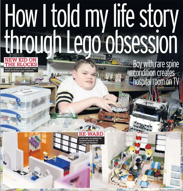  ??  ?? Morquio syndrome sufferer Lewis builds amazing Lego creations Lewis has recreated his hospital ward for hit show Lego Masters