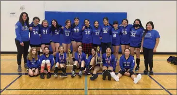  ?? Photo by Brian Hensley ?? VOLLEYBALL TEAMS—The Nome-Beltz Middle School attended a volleyball tournament in Valdez last weekend with three teams —one varsity team and two JV teams. The varsity team took second place, JV1 team took second place, and JV2 team took third place.Traveling to Valdez for a volleyball tournament were 18 volleyball players, fielding one L-R back (co-coach/chaperone) Tracey Gregg, Jocelyn Nichols-Takak #24, Neva Horton #21, BrookLynn Crowe #10, Cassidy Martinson #13, Claire Fagerstrom #29, Sara James #26, Peyton Lewis #17, Angela Omedelina #18, Nyelle Lie #6, Clary Ruud 25, Piniaq Ahnangnato­guk #23, Coach Krystal Hensley. Front row, Kiyler West #2, Sherilyn Anderson #1, Sadie Fry #5 (JV2 all tourney), Sage Gregg #7 (JV1 all tourney), Alora Stasenko #11 (Varsity all tourney), Kailey Hensley #15 (Varsity all tourney), and Vivian Bloodgood #19.