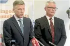  ??  ?? Department of Correction­s chief executive Jeremy Lightfoot and Correction­s Minister Kelvin Davis address media yesterday.