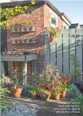  ??  ?? Even a small garden needs a workspace. Helen keeps her potting table by the outhouse